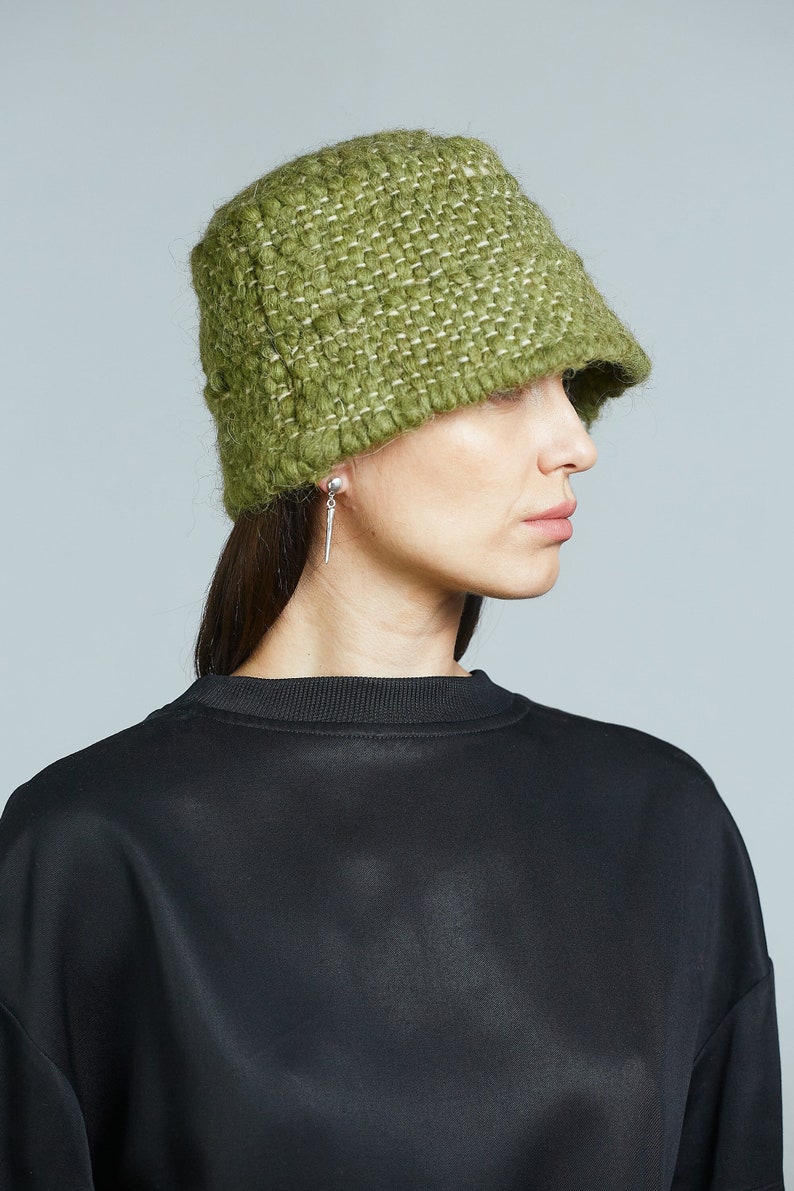 Green Hat Woolen Winter Bucket Hat Knitted Bucket Hat Eco Friendy image 1