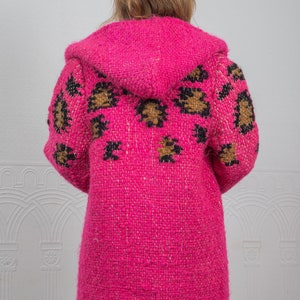 Winter wool coat, women's warm coat, Pink coat with leopard print and large hood. image 10