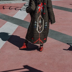 Brown long wool coat with hood and unique geometric pattern on the back image 4