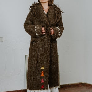 Brown long wool coat with hood and unique geometric pattern on the back image 8