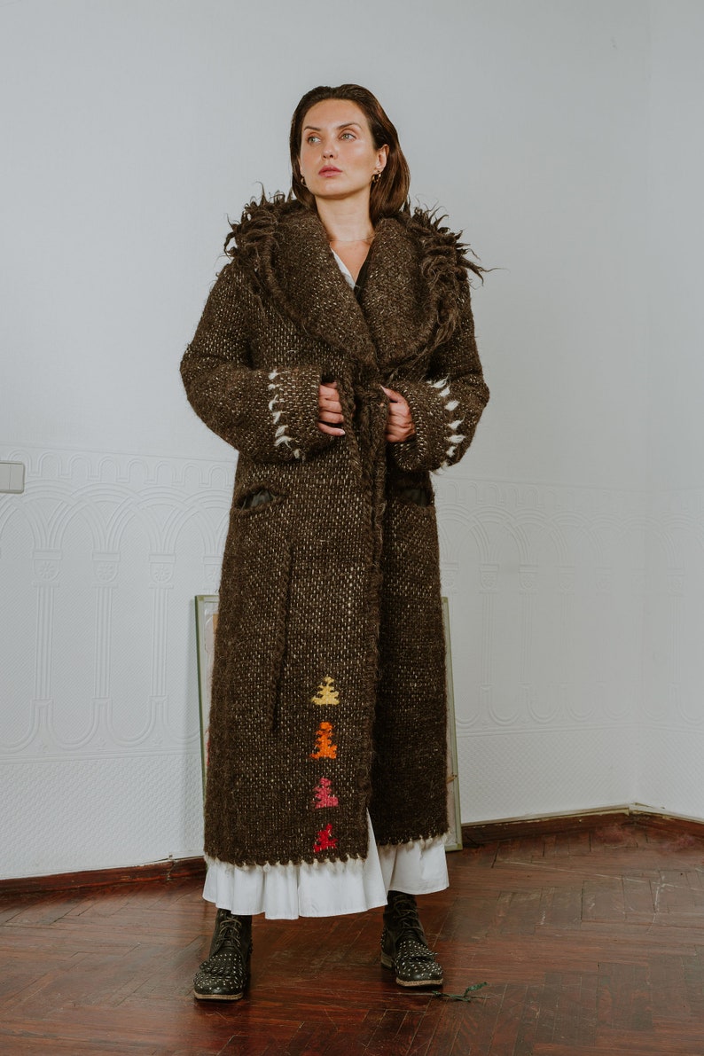 Brown long wool coat with hood and unique geometric pattern on the back image 8