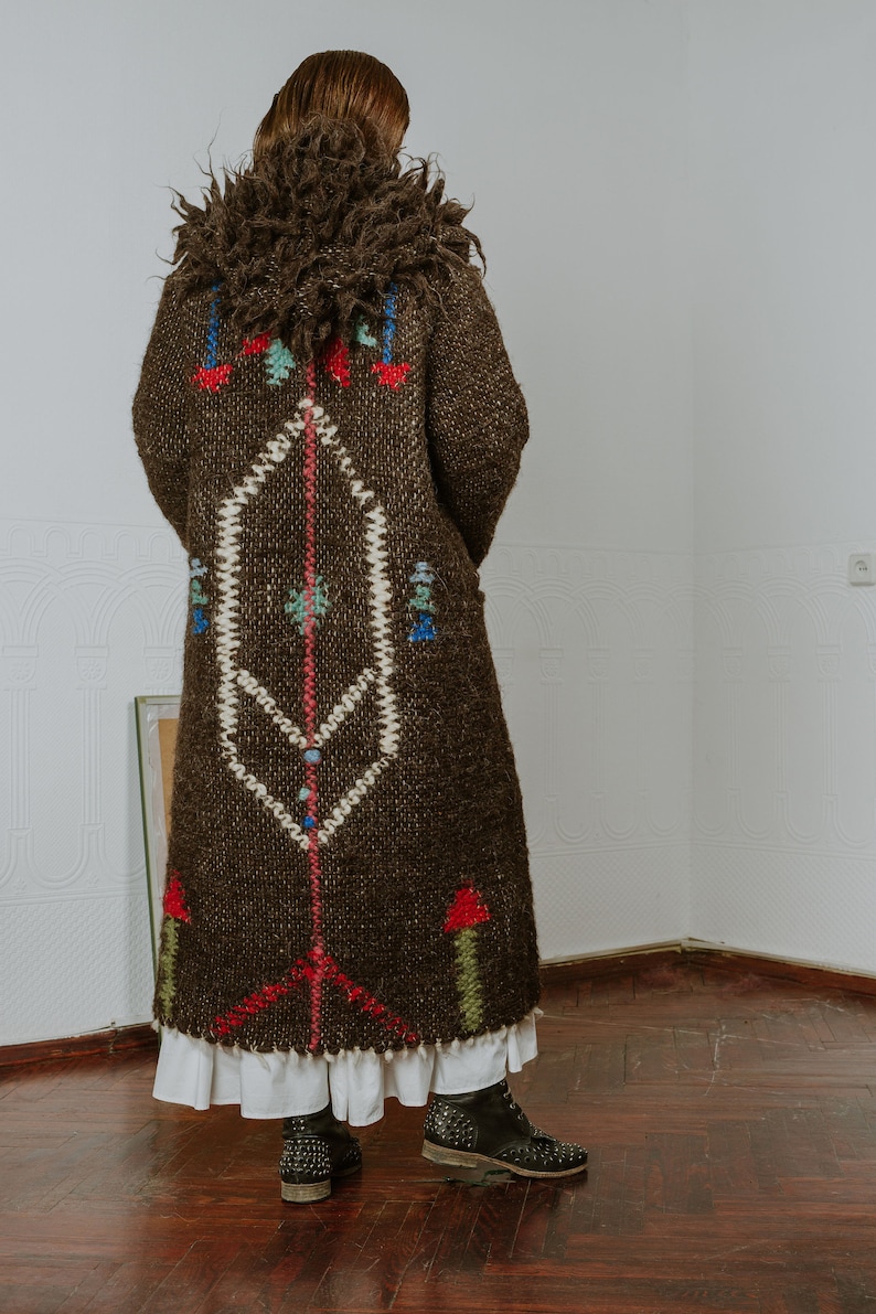 Brown long wool coat with hood and unique geometric pattern on the back image 6