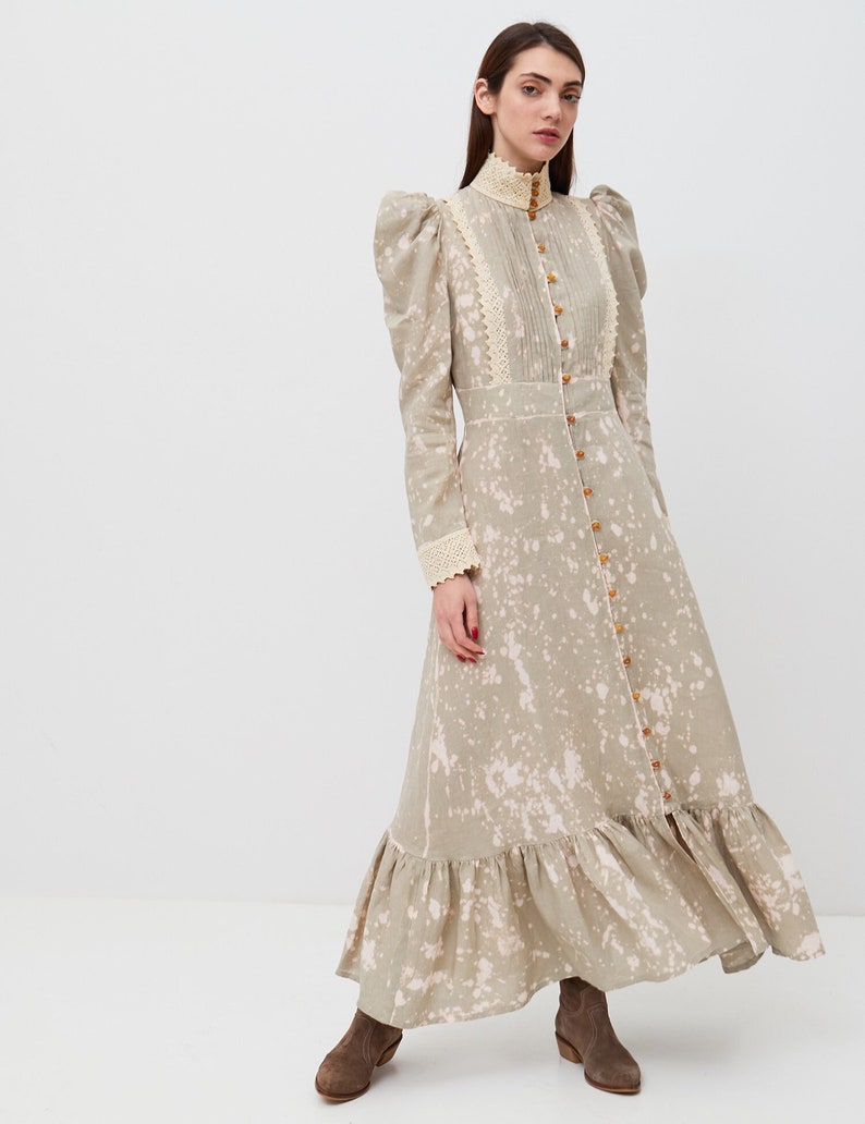 Handmade long linen tea dress with elegant high collar on buttons. Edwardian tea dress. Vintage bohemian dress. image 1