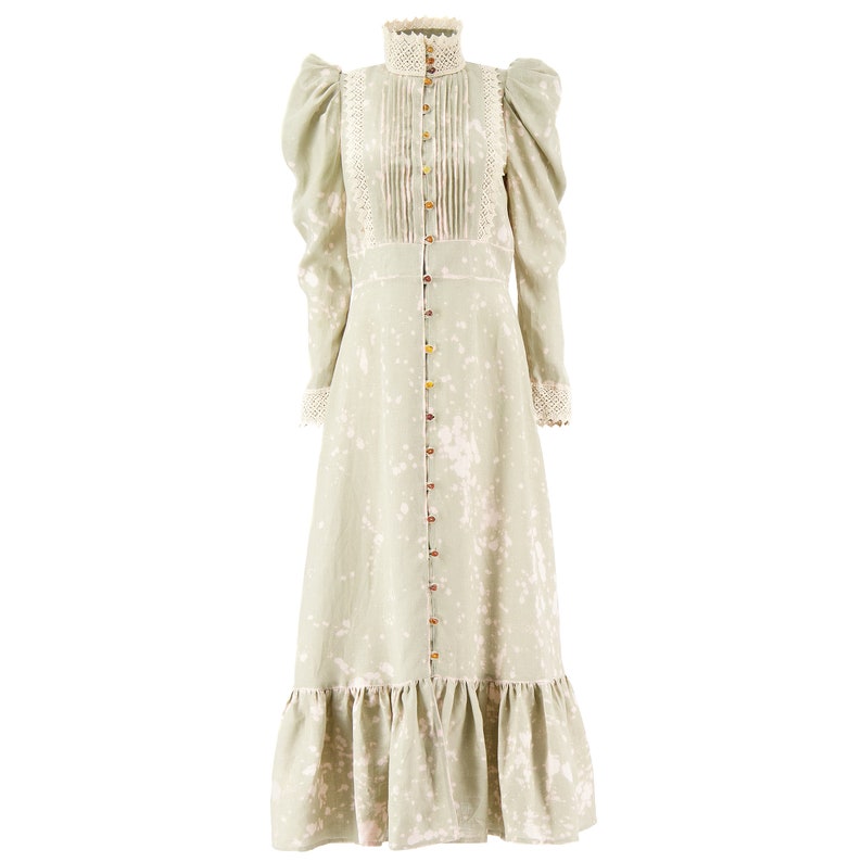 Handmade long linen tea dress with elegant high collar on buttons. Edwardian tea dress. Vintage bohemian dress. Gray