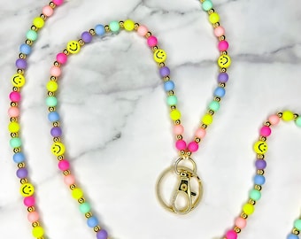 Pastel Rainbow Smiley Beaded Lanyard - Teacher Lanyard - Teacher Badge Holder