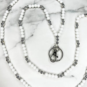 White and Silver Beaded Lanyard - Teacher Lanyard - Teacher Badge Holder