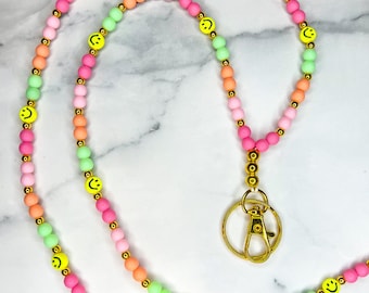 Sorbet Colorful Smiley Beaded Lanyard - Teacher Lanyard- Teacher Badge Holder