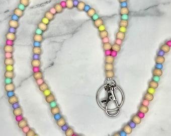 Lanyard in legno con perline color arcobaleno pastello - Lanyard per insegnanti - Porta badge per insegnanti