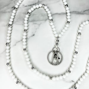 White and Silver Beaded Lanyard - Teacher Lanyard - Teacher Badge Holder