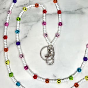 Colorful Rainbow Smiley Face Beaded Lanyard - Teacher Lanyard - Teacher Badge Holder