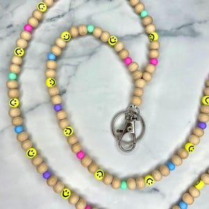 Wooden Pastel Rainbow Smiley Beaded Lanyard - Teacher Lanyard - Teacher Badge Holder