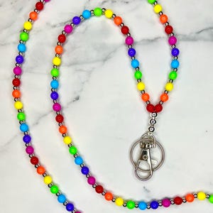 Colorful Bright Rainbow Beaded Lanyard - Teacher Lanyard - Teacher Badge Holder