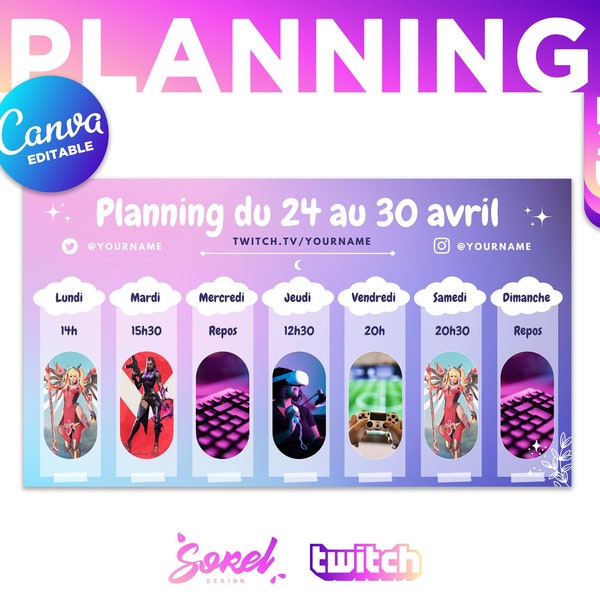 Template Canva Planning Twitch Editable / Etoile Lune / textes modifiables