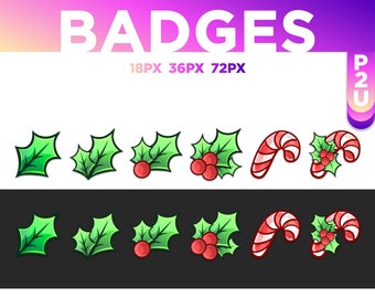 6 Christmas Sub - Bit Twitch Badges / Houx / Holly / Noël / Sucre d'orge