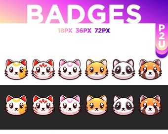 6 Japanese Animals Sub - Bit Twitch Badges / Chat, Shiba / Pandaroux / Panda /Chat Lune / Kitsune