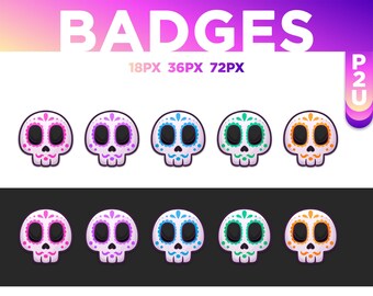5 Dia de Los Muertos Sub - Bit Twitch Badges / Tête de mort mexicaines / skull / coco