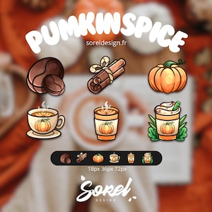 Può includere: Illustrazione a tema pumpkin spice. L'immagine presenta una zucca, una tazza di caffè, una bevanda al caffè, bastoncini di cannella e chicchi di caffè. Il testo "PUMPKIN SPICE" è visualizzato in bianco. È presente anche il testo "soreldesign.fr".