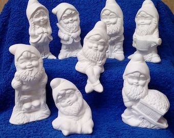 Set of 8 small ceramic bisque gnomes