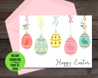 Watercolor Easter card, Easter egg ornaments, printable Easter card, digital download card, Easter eggs card