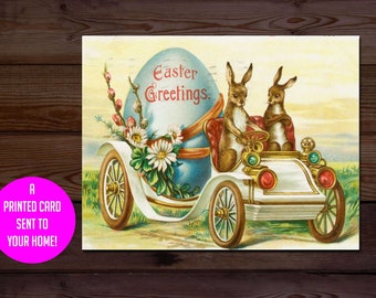 Vintage Easter card, Easter ephemera, Easter rabbits, rabbits in car, for friends, for family