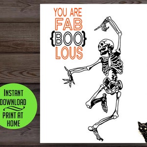 Funny Halloween card, skeleton card, faboolous, boo, punny card, pun card, digital printable card, instant download