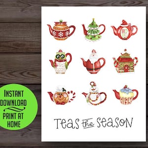 Tea Christmas card, tea-themed holiday card, teas the season, watercolor tea pots, printable Christmas card, digital download image 1