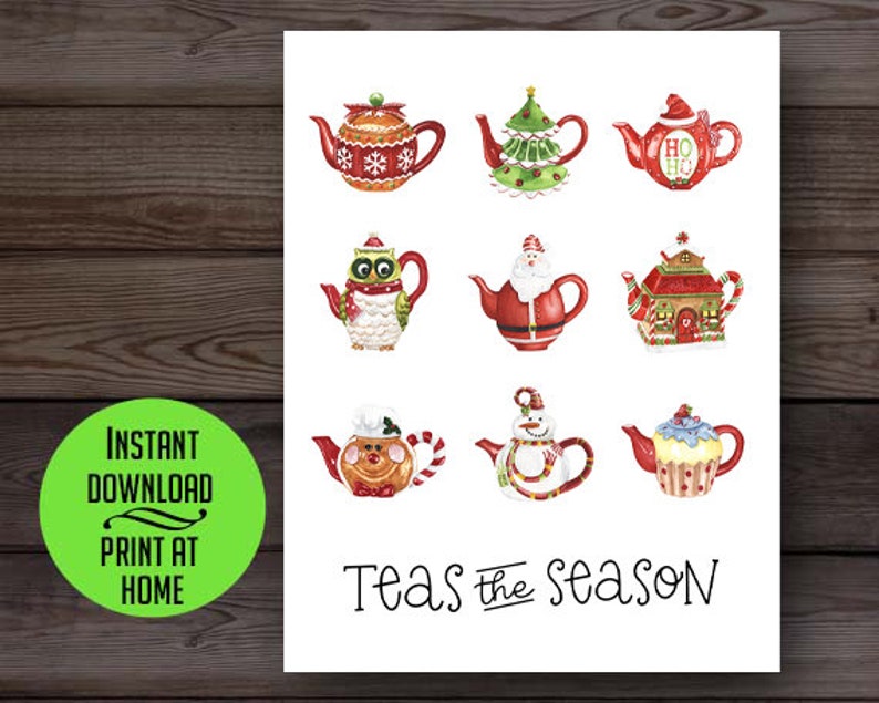 Tea Christmas card, tea-themed holiday card, teas the season, watercolor tea pots, printable Christmas card, digital download image 1