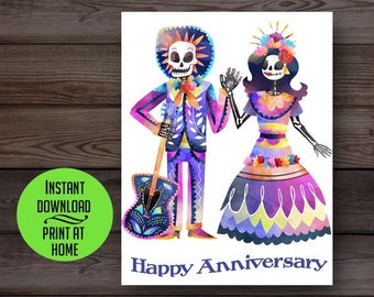 Dia de los Muertos anniversary card, Day of the Dead anniversary, sugar skulls, watercolor art, digital printable card, instant download