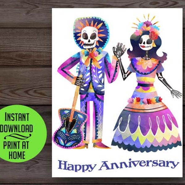 Dia de los Muertos anniversary card, Day of the Dead anniversary, sugar skulls, watercolor art, digital printable card, instant download