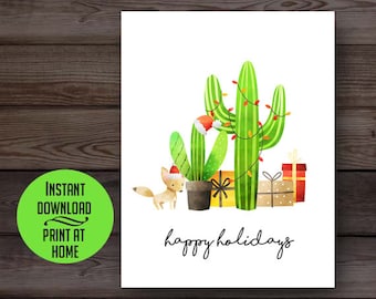 Desert Cactus Christmas card, watercolor holiday card, printable Christmas card, digital download, succulent Christmas card