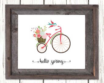 Hello Spring sign, printable sign, bicycle art, spring print
