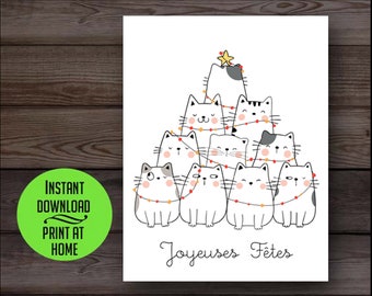 Funny Christmas card, Joyeuses Fetes, French cat card, funny holiday card, printable holiday card, cat tree, cat Christmas card