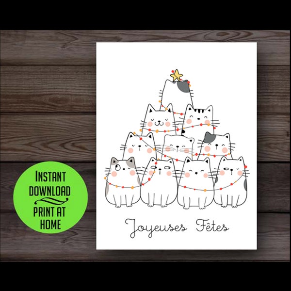 Funny Christmas card, Joyeuses Fetes, French cat card, funny holiday card, printable holiday card, cat tree, cat Christmas card