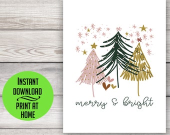 Boho Christmas trees card, tree holiday card, merry and bright, hand drawn card, printable Christmas card, digital download