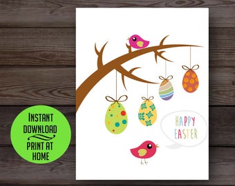 Easter tree card, cute Easter egg ornaments, digital printable card, instant download