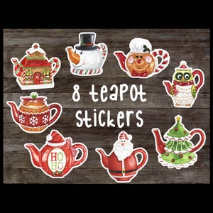 Christmas tea pots sticker pack, holiday teapot die cut stickers, matte stickers, gift for tea lover, bullet journal, planner stickers