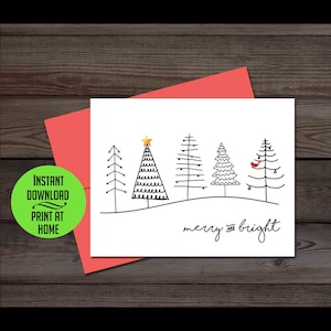 Minimalist Christmas trees card, tree holiday card, merry and bright, black and white, printable Christmas card, digital download