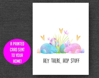 Hey there hop stuff card, Easter bunny love card, watercolor Easter rabbits, funny Easter, punny Easter card, Easter pun