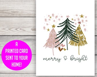 Boho Christmas card, minimalist holiday card, modern merry and bright, Christmas trees