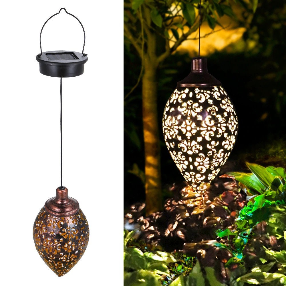 Olive Shape Metal Hanging Solar Lights Lantern LED Garden Etsy