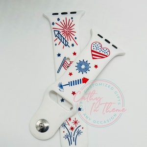 Fireworks and Flag Patriotic Silicone Engraved Watch Band. Memorial Day, Independence Day, July 4