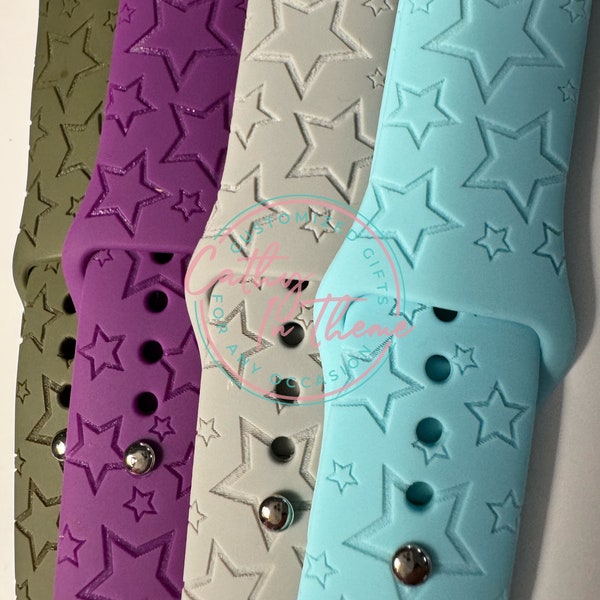 Star Pattern Engraved Silicone Apple Compatible Watch Band, Love, Gift for Her, Gift for Him 38/40/41/42/44/45/49 SM or ML