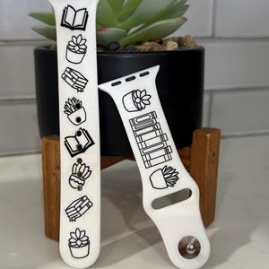 Books and Succulents Engraved Silicone Apple Compatible Watch Band, Reading Lover, Plant Lover, Gift for Her, 38/40/41/42/44/45/49 SM or ML