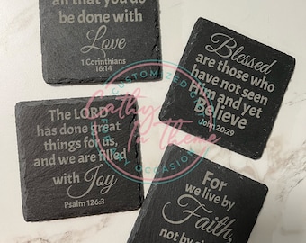 Set of 4 Coasters with Inspirational Bible Verses. Made of Slate Stone