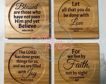 Set of 4 Coasters with Inspirational Bible Verses. Bamboo Circle or Square