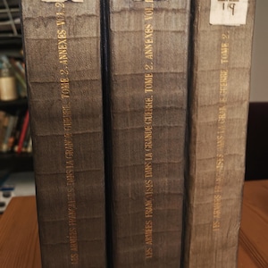 May include: Three vintage books with aged, textured covers. The spines display gold lettering: "LES ARMEES FRANCAISES DANS LA GRANDE GUERRE, TOME 2. ANNEXES VOL 2". Each book has a label with the numbers "119" and "19".