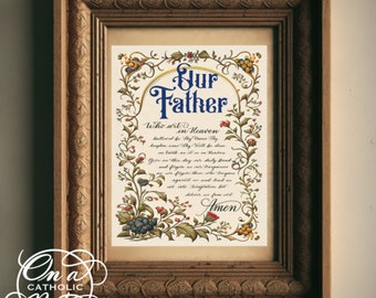 Our Father Prayer Calligraphy Print: Victorian Catholic Art