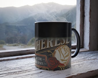 St. Therese Heat-Reactive Mug: Color Changing Floral Catholic Gift