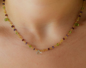 Multi-stone Topaz Necklace, Gold Choker with Stones, Colorful Stone Choker, Gold Choker, Delicate Necklace, Boho Gift for Girls