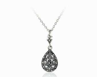 Vintage 925 Sterling Silver Marcasite Necklace, Antique Style Pendant, Art Deco Jewelry, Vintage Jewelry, Party Pendant, Gift for Girls and Women